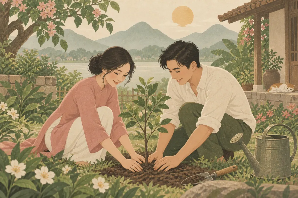 Đôi vợ chồng trẻ cùng trồng một cây non trong vườn, tay chạm đất, bình tưới bên cạnh