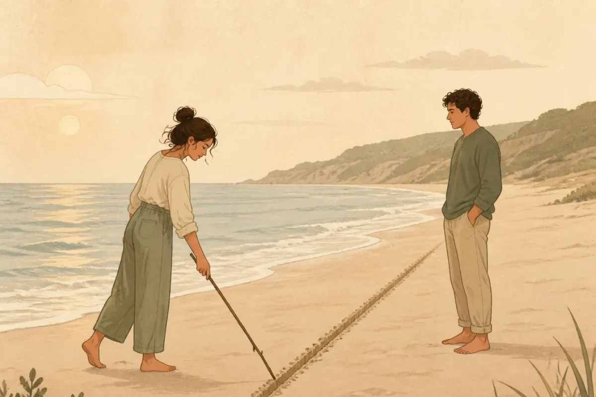 Cô gái bình thản kẻ một đường trên cát bằng cành cây, người kia đứng phía bên kia đường kẻ và tôn trọng ranh giới
