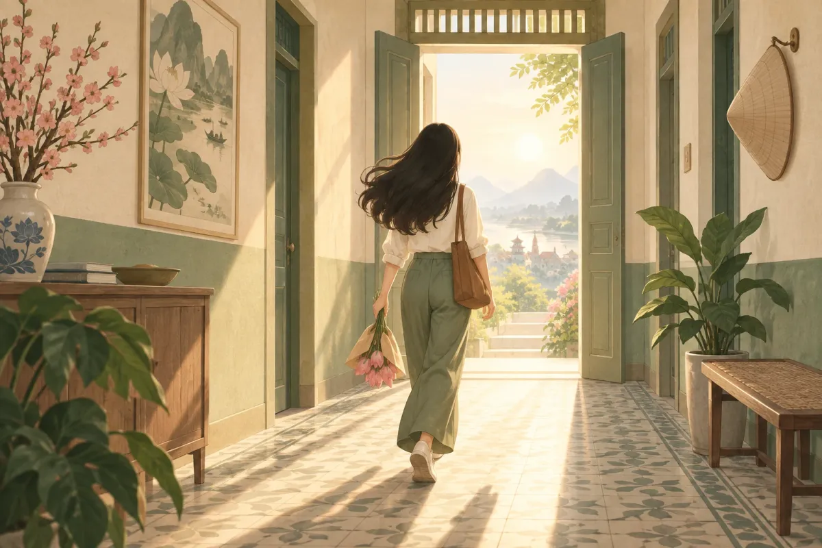 Một người bước về phía cánh cửa sáng rộng mở, ánh bình minh tràn vào — biểu tượng cho khởi đầu mới sau hết duyên