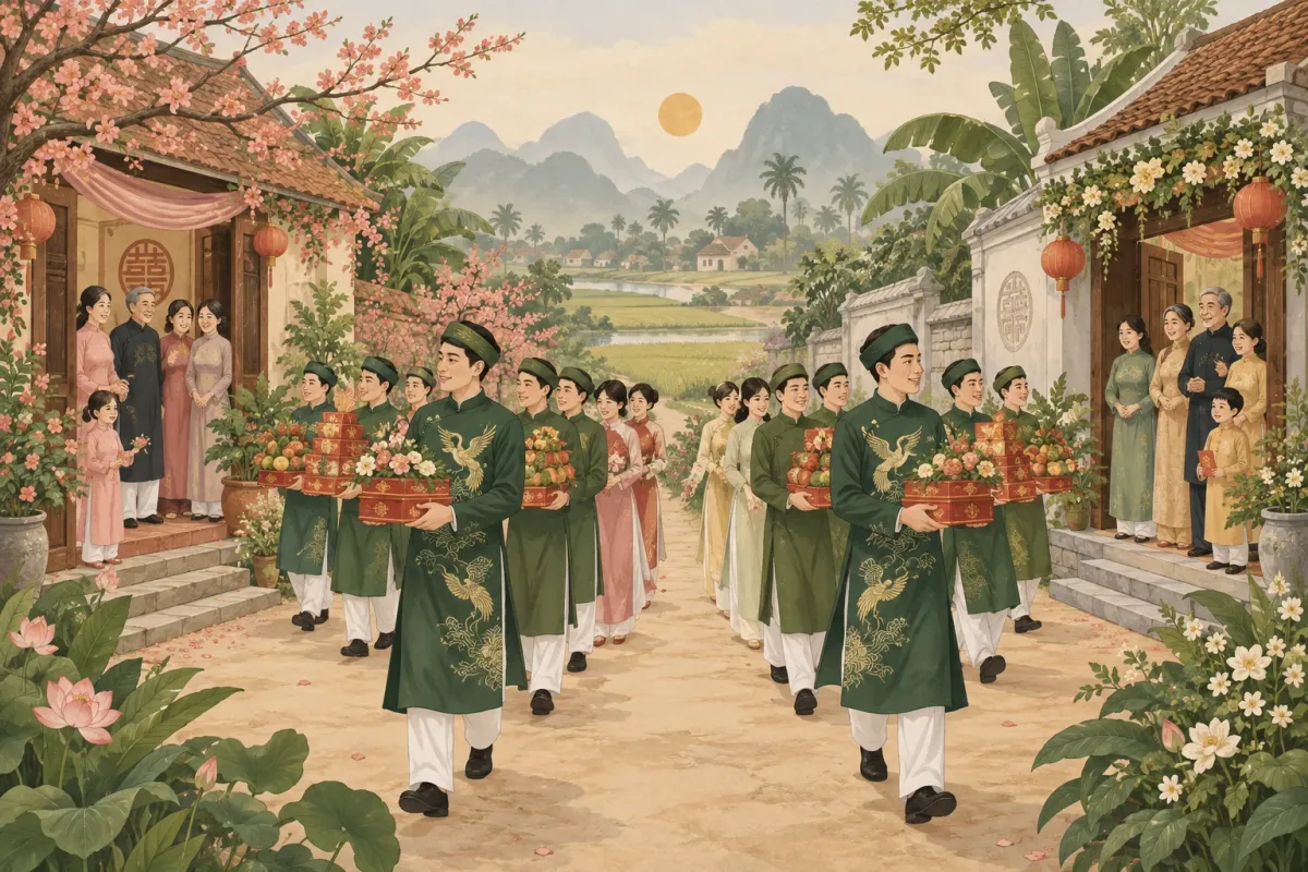 Lễ rước dâu truyền thống với hai nhóm người trong trang phục áo dài