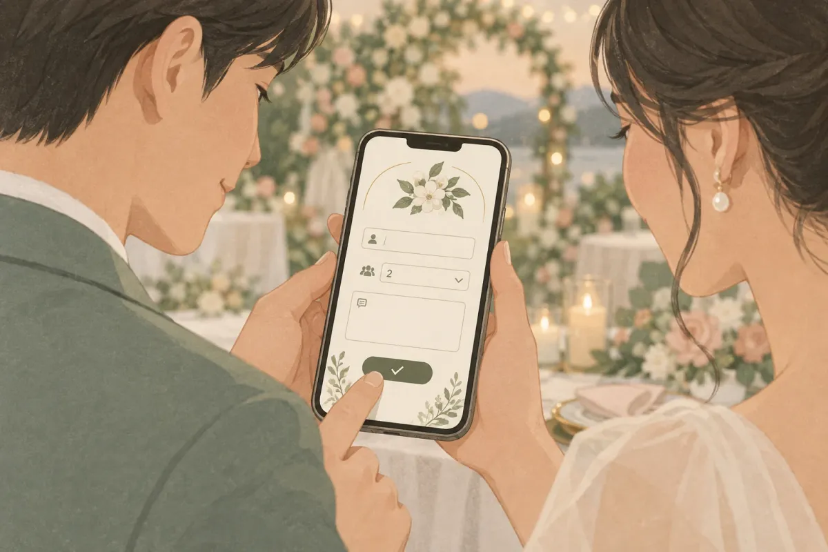 Minh hoạ form RSVP trên điện thoại với các trường họ tên, số khách, lời nhắn và nút xác nhận