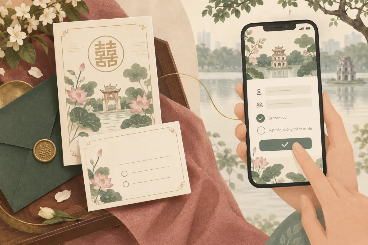 So sánh thiệp giấy có thiệp phúc đáp bên trái và thiệp online có form RSVP bên phải
