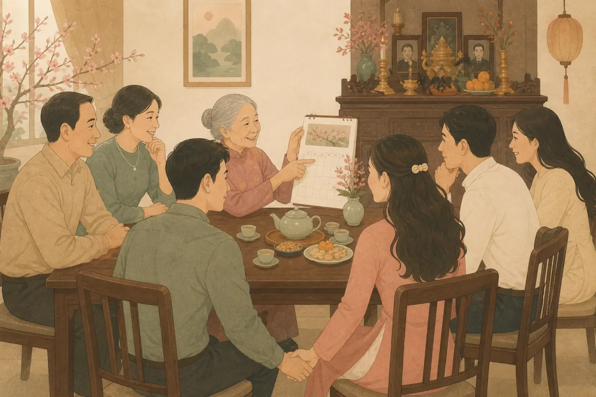 Hai gia đình ngồi quanh bàn trà bàn chuyện, bà chỉ vào cuốn lịch, cặp đôi trẻ nắm tay nhau dưới bàn