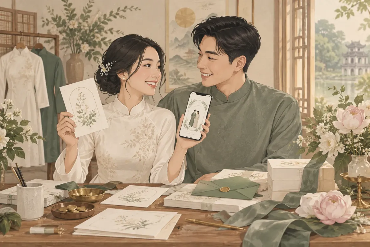 Cặp đôi Việt chuẩn bị cưới, một tay cầm thiệp giấy, tay kia cầm điện thoại mở thiệp online