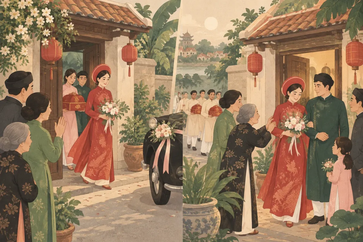 Minh hoạ phong tục cưới 2 lần rước dâu: cô dâu ra cửa lần 1 rồi quay về, gia đình chứng kiến