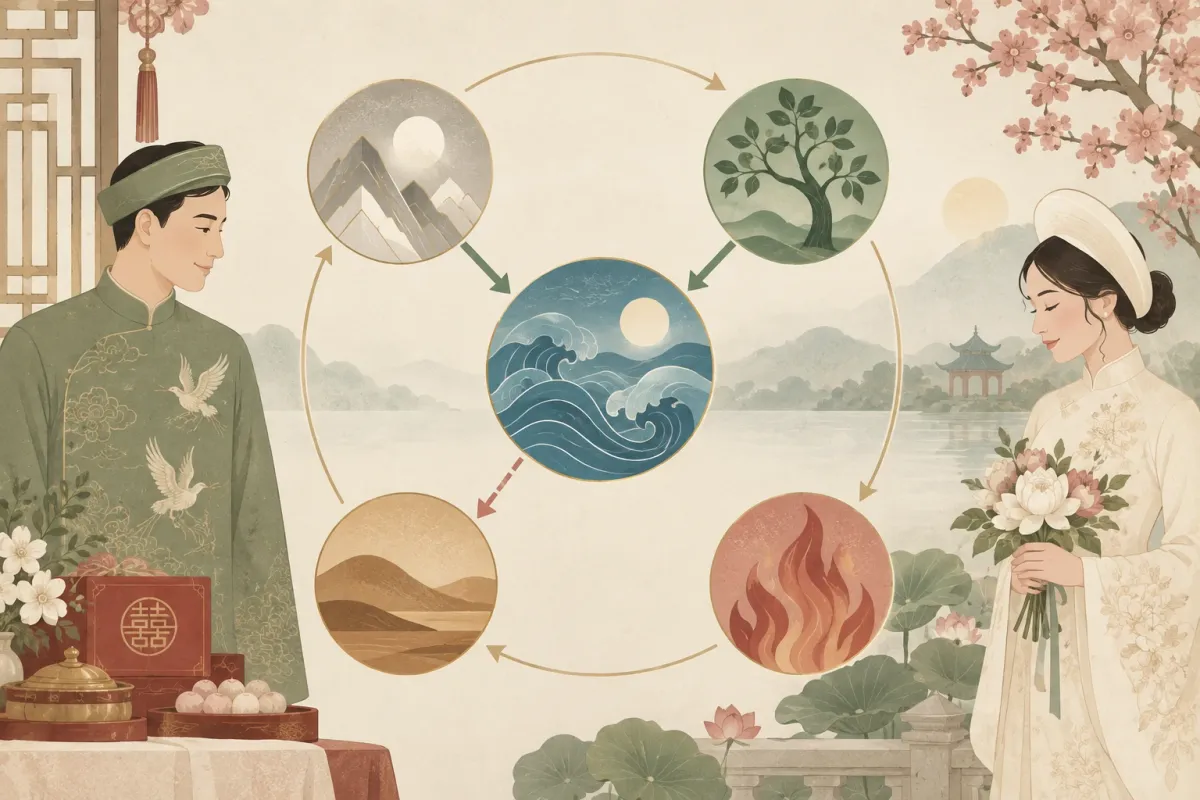 Sơ đồ ngũ hành Đinh Mùi: Thuỷ ở trung tâm, tương sinh với Kim và Mộc, tương khắc với Thổ và Hoả