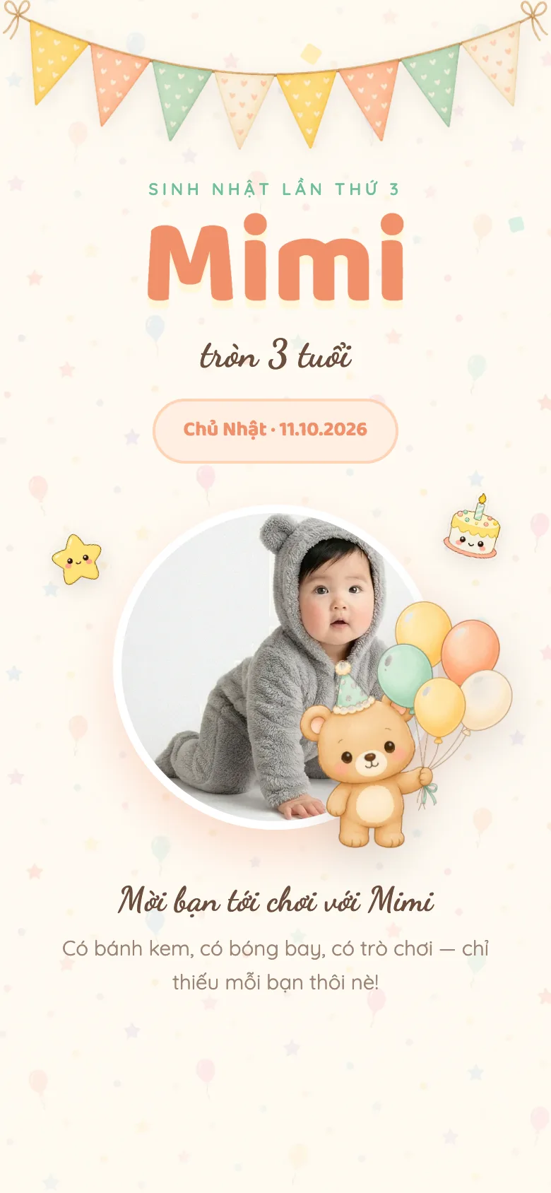 Thiệp Sinh Nhật Bé — Bear Party Pastel