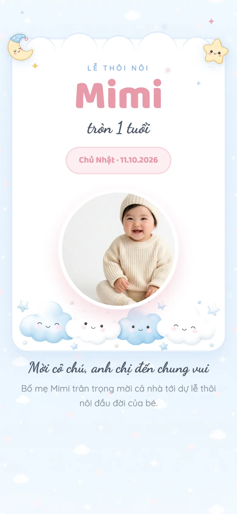 Thiệp Thôi Nôi Bé — Bunny & Cloud Pastel