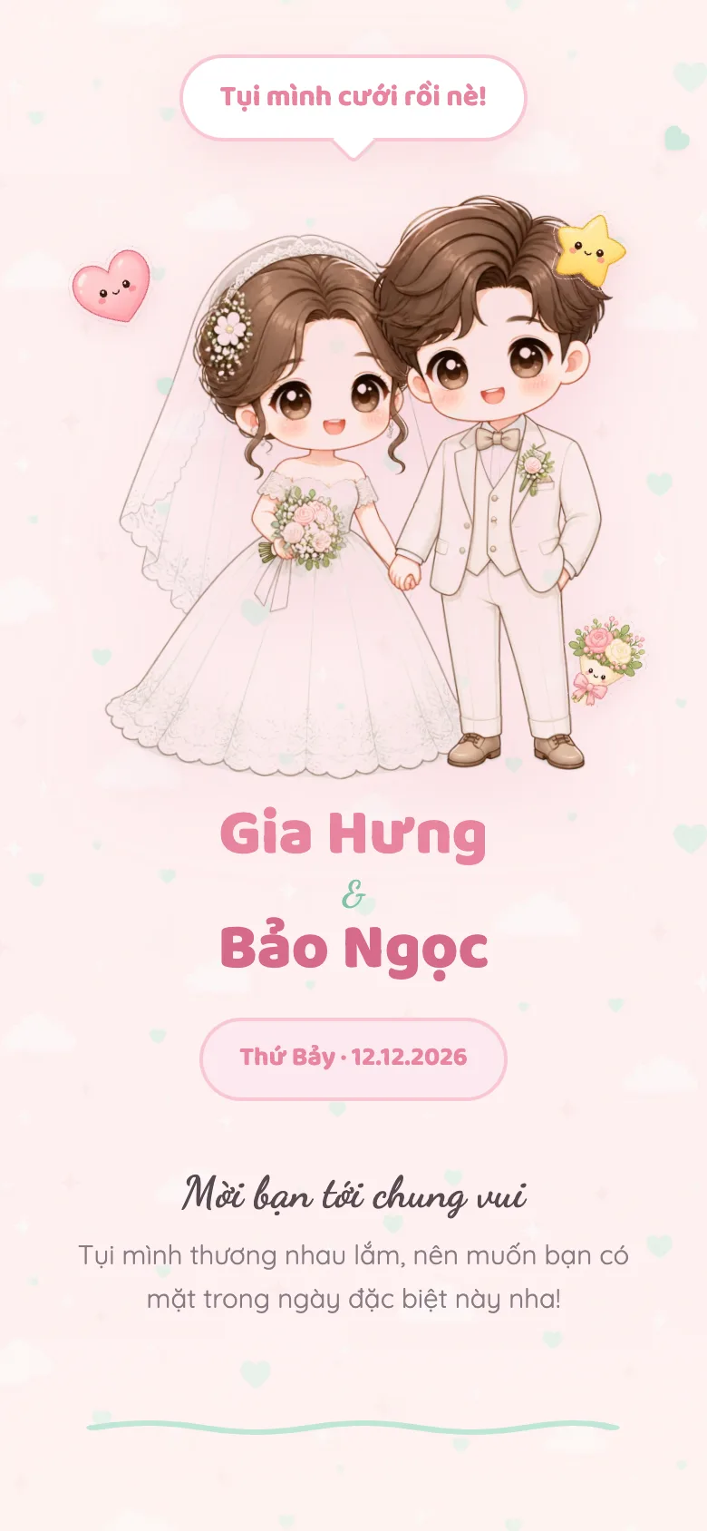 Thiệp Cưới Chibi Pastel — Ngộ Nghĩnh Đáng Yêu