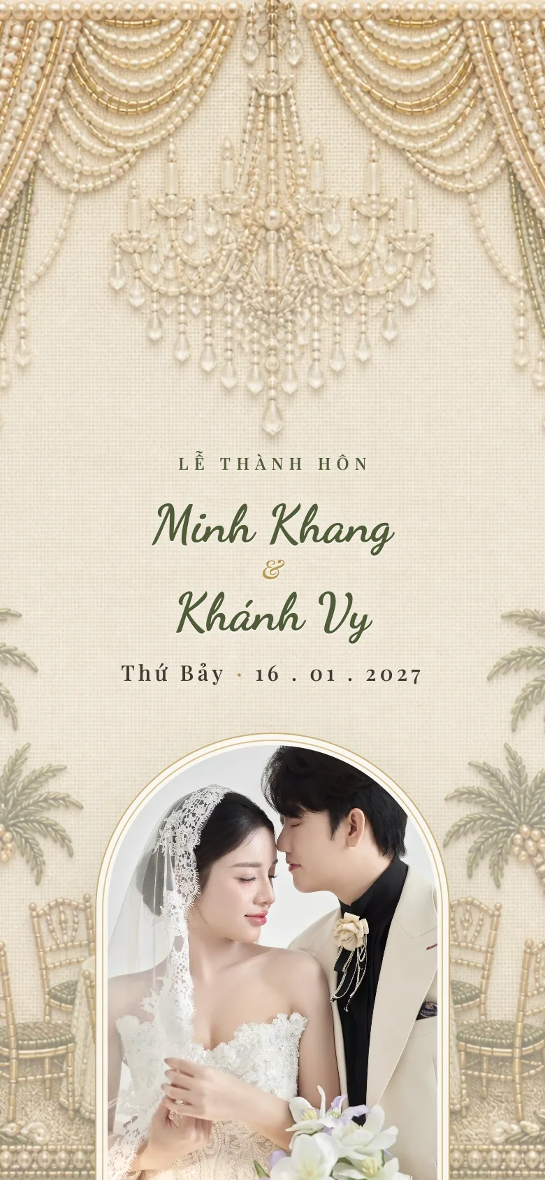 Thiệp Cưới Tranh Thêu Cườm — Đèn Chùm Lãng Mạn