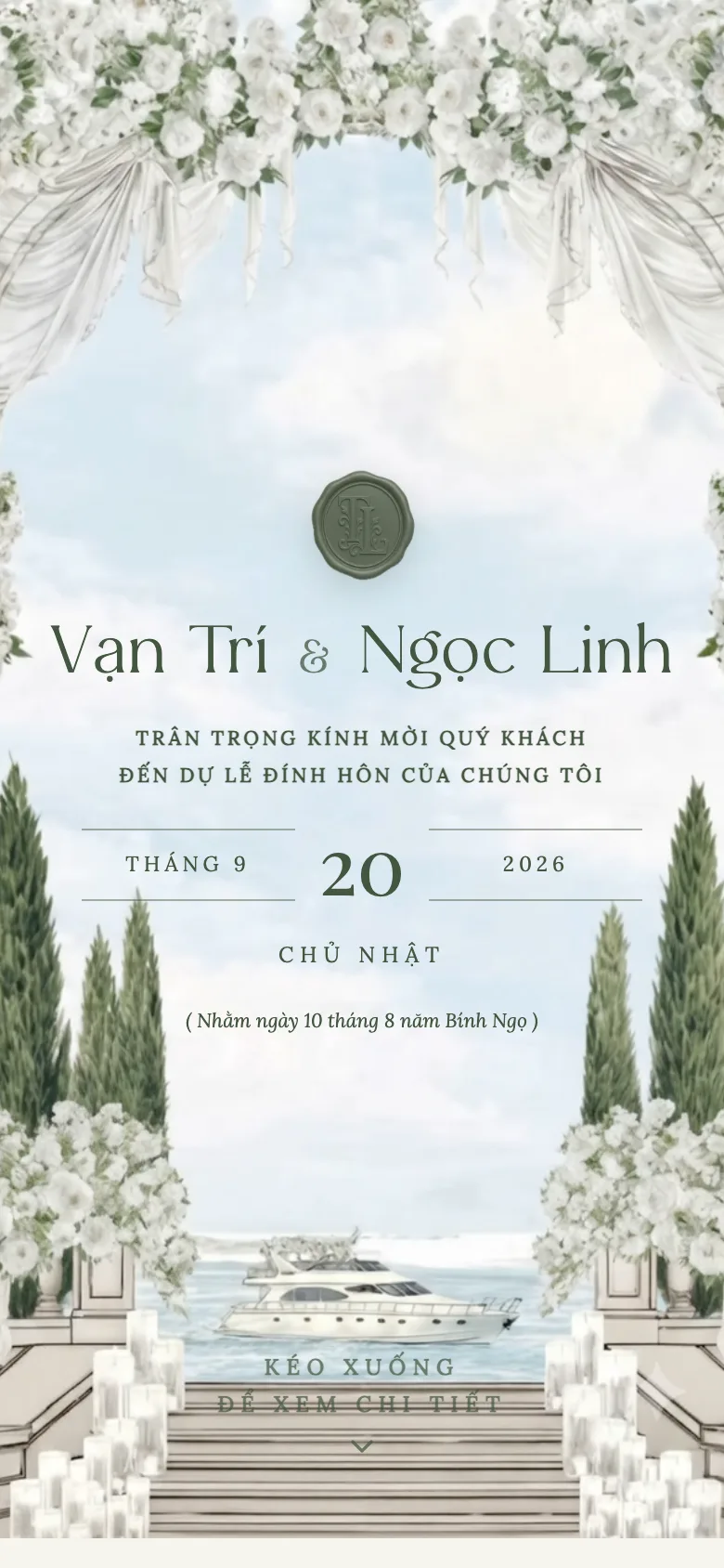 Thiệp Đính Hôn Cổng Hoa Kiểu Pháp — Xanh Rêu